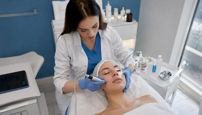 Un specialist aplică tratamentul Dermapen pe fața unei paciente.