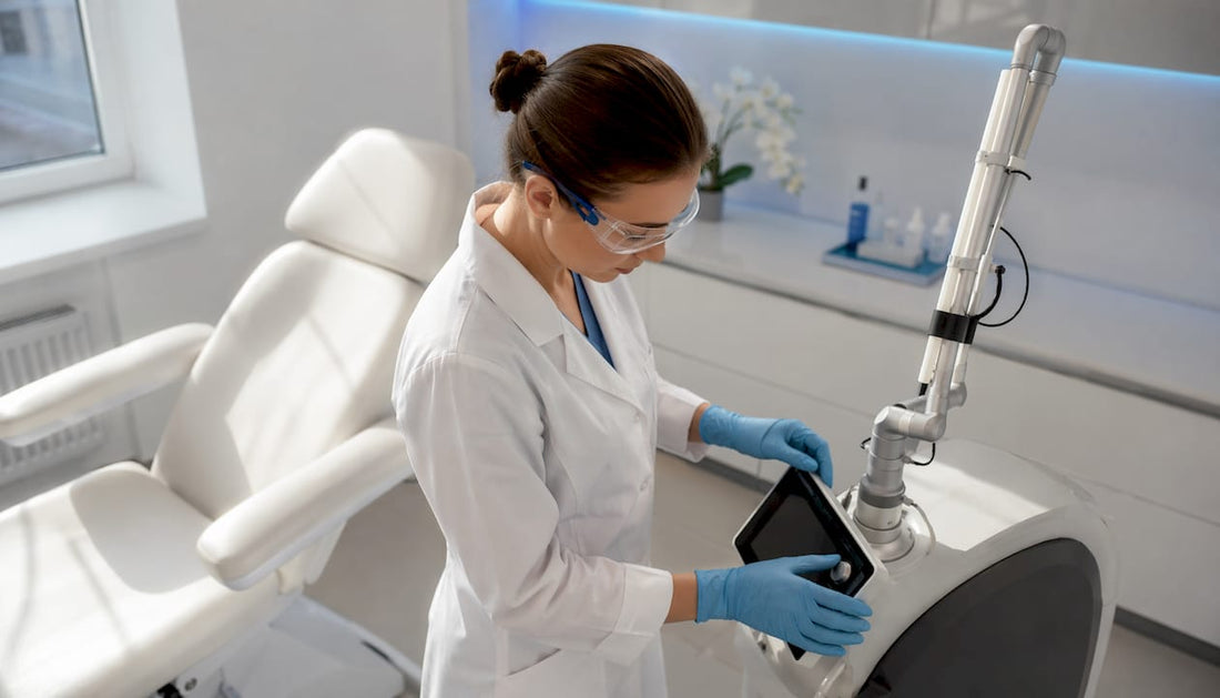 Medic dermatolog pregătește aparatul cu laser pentru tratament