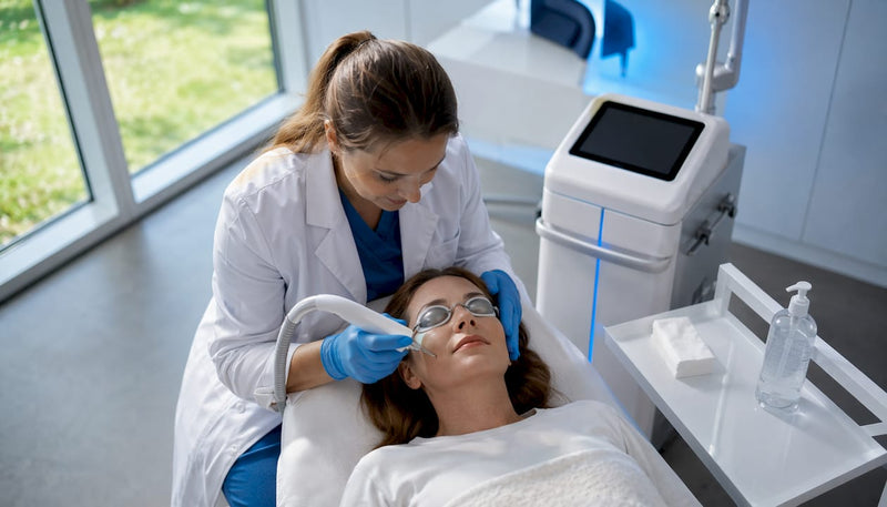 Medic dermatolog care realizează un tratament cu laser pentru față