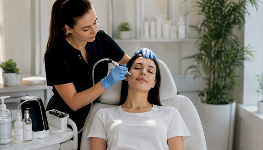 O doamnă beneficiază de un tratament de microdermabraziune într-o clinică de înfrumusețare.