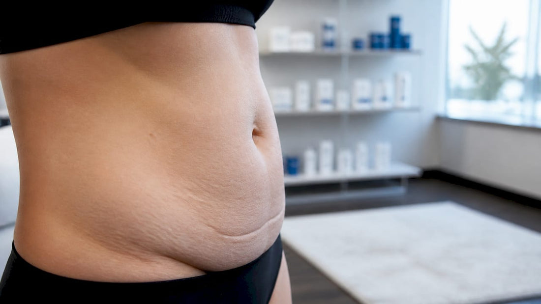 Detaliu cu pliuri de piele la nivelul abdomenului, unde aceasta este mai lăsată.