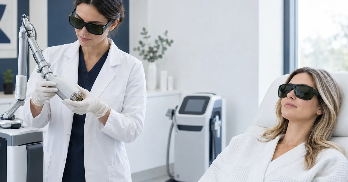 Medic pregătind piesa unui laser lângă o pacientă cu ochelari de protecție, în cabinetul aBeauty. Imagine generată digital