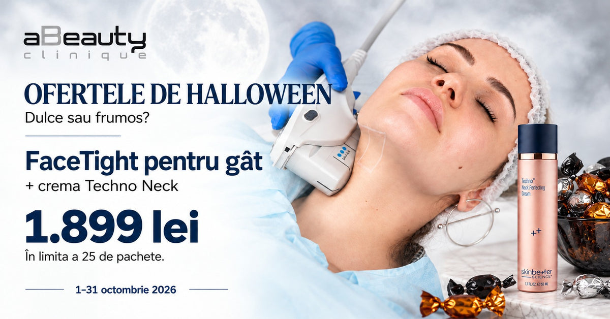 Ofertele de Halloween: FaceTight pentru gât și crema Techno Neck Perfecting Cream, 1.899 lei, în clinici, în limita a 25 de pachete, până pe 31 octombrie 2026