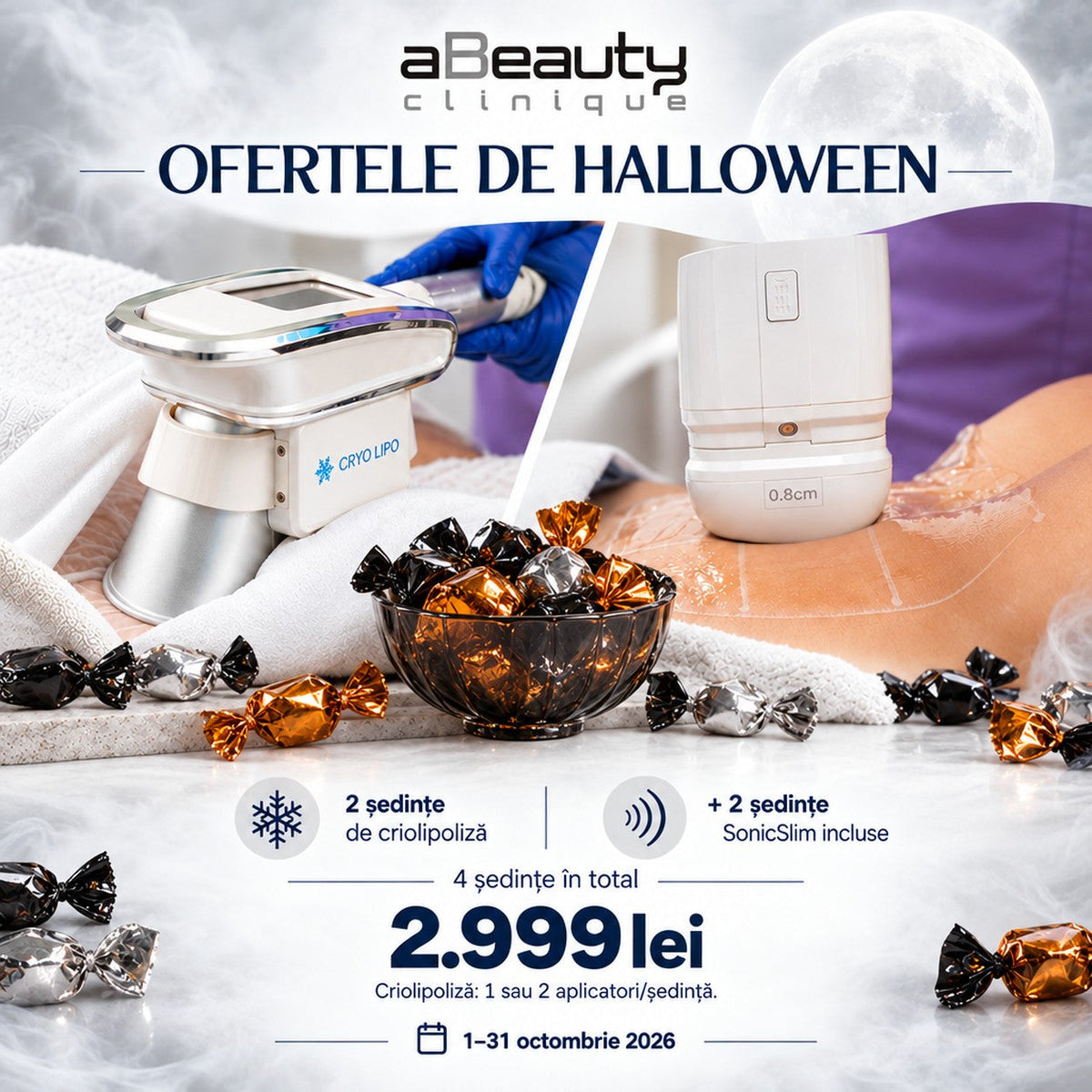 Ofertele de Halloween: 2 ședințe de criolipoliză și 2 ședințe SonicSlim, 4 ședințe în total, 2.999 lei, până pe 31 octombrie 2026