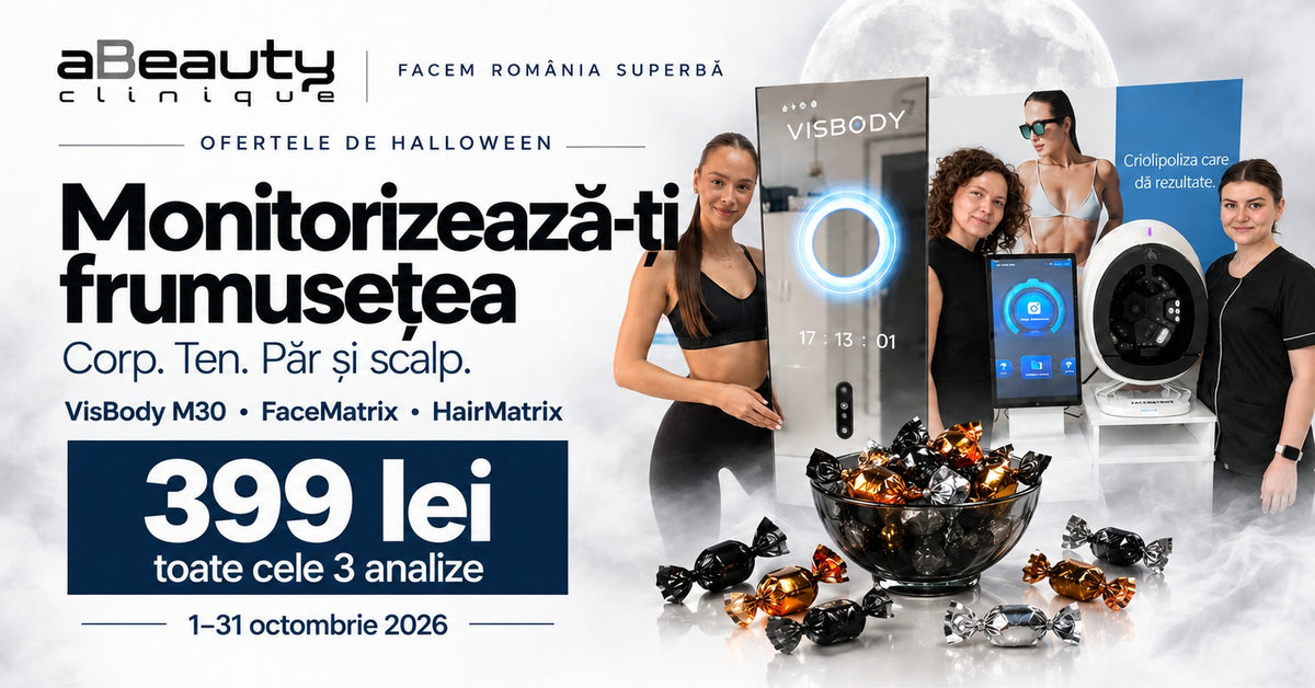 Ofertele de Halloween: analiză corporală VisBody M30, analiză facială FaceMatrix și analiză pentru păr și scalp HairMatrix, 399 lei toate trei, până pe 31 octombrie 2026