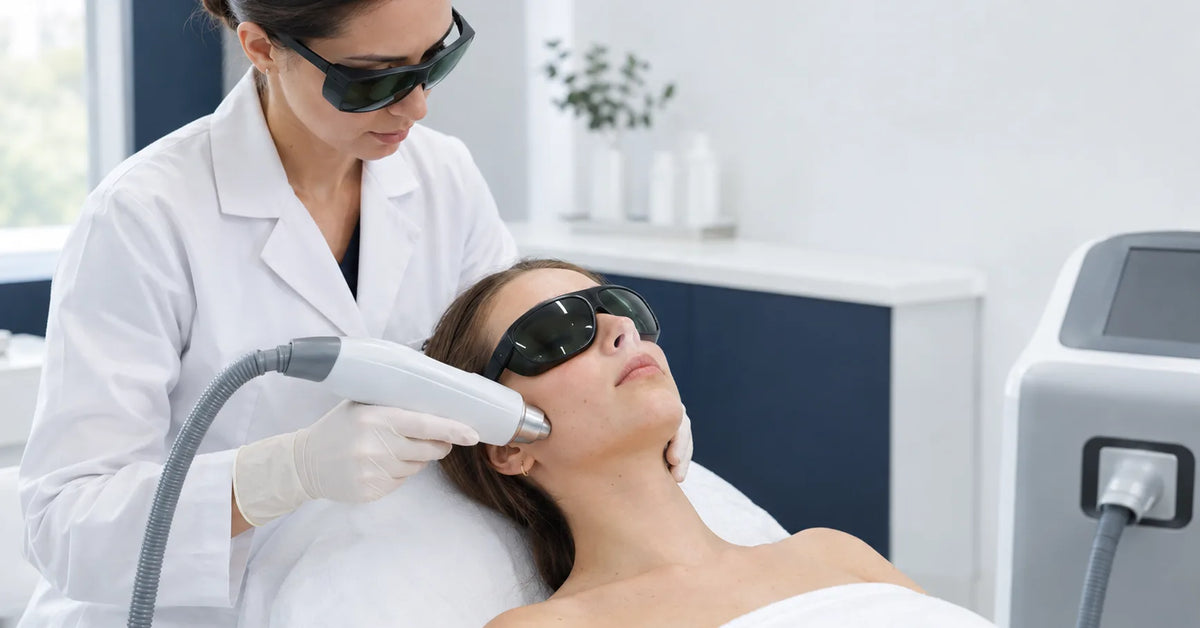 Medic tratând cu laserul linia mandibulei unei paciente tinere. Imagine generată digital
