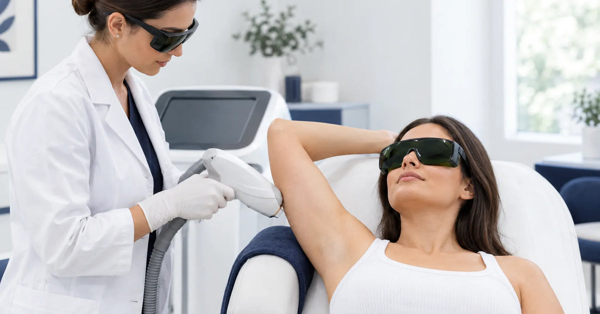 Medic tratând cu laserul fața internă a brațului unei paciente. Imagine generată digital