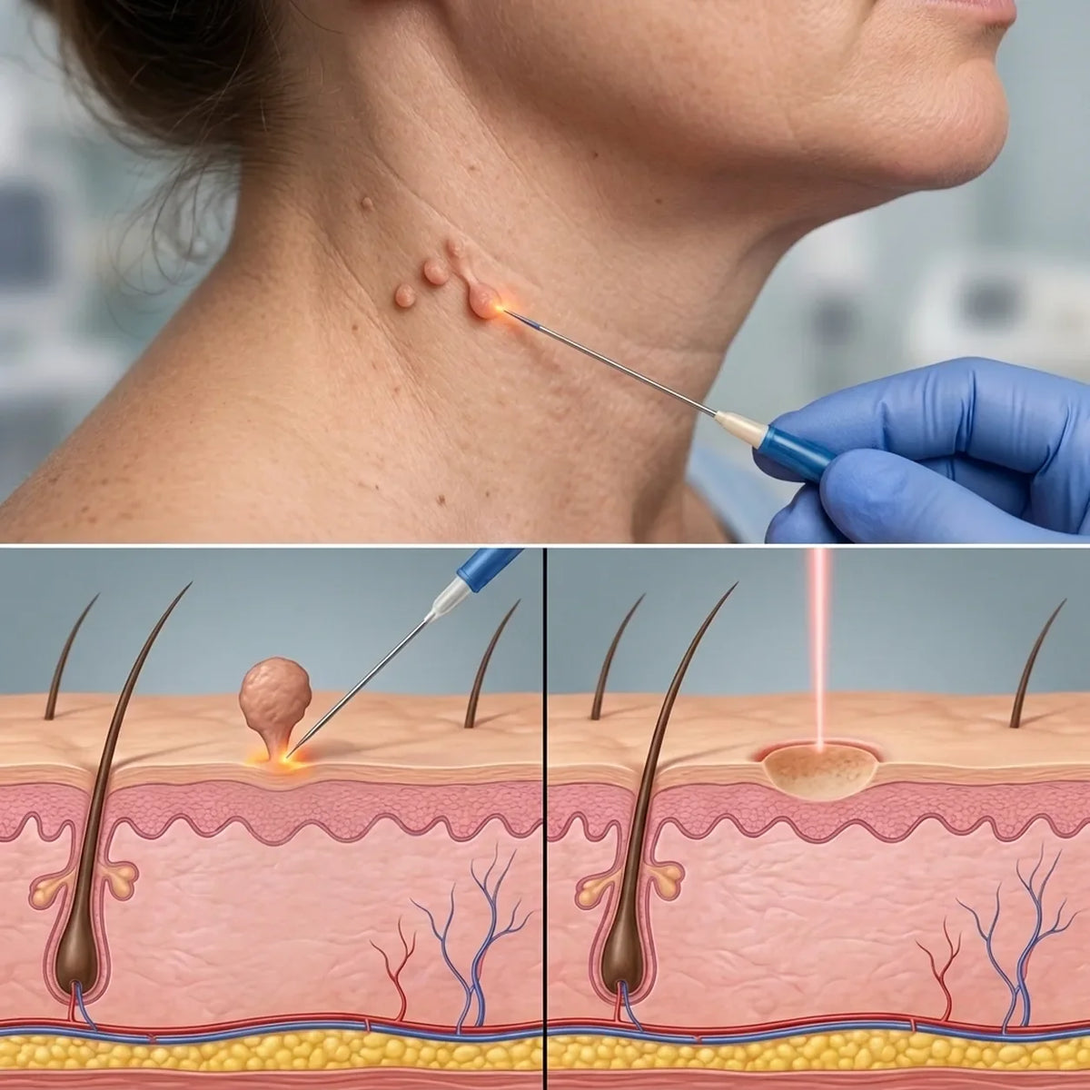 Ilustrație medicală: un papilom moale de pe gât tratat prin termocoagulare la bază și o keratoză seboreică vaporizată superficial cu laserul CO2