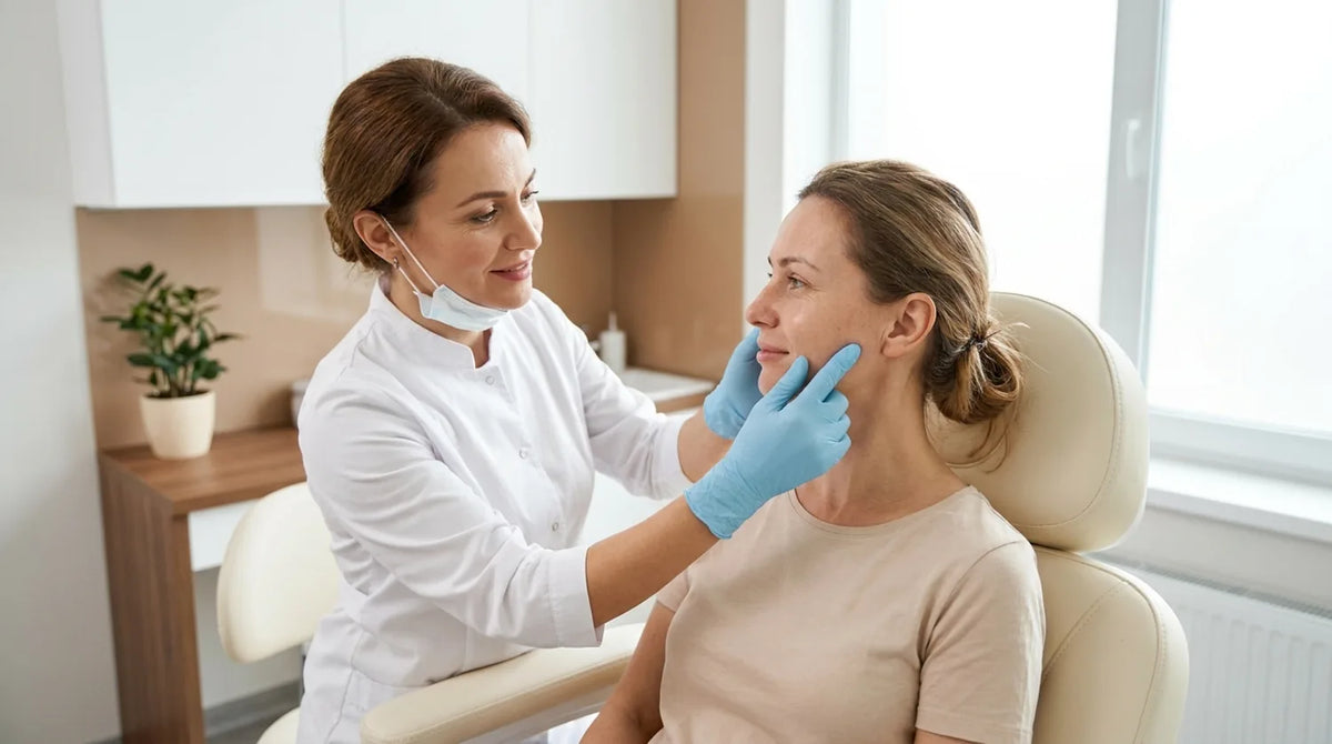 Medic aBeauty Clinique examinează fața unei paciente la evaluare, înaintea oricărei proceduri